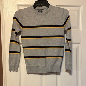 Gray Striped Crewneck Sweater with Yellow and Navy Accents - Kids